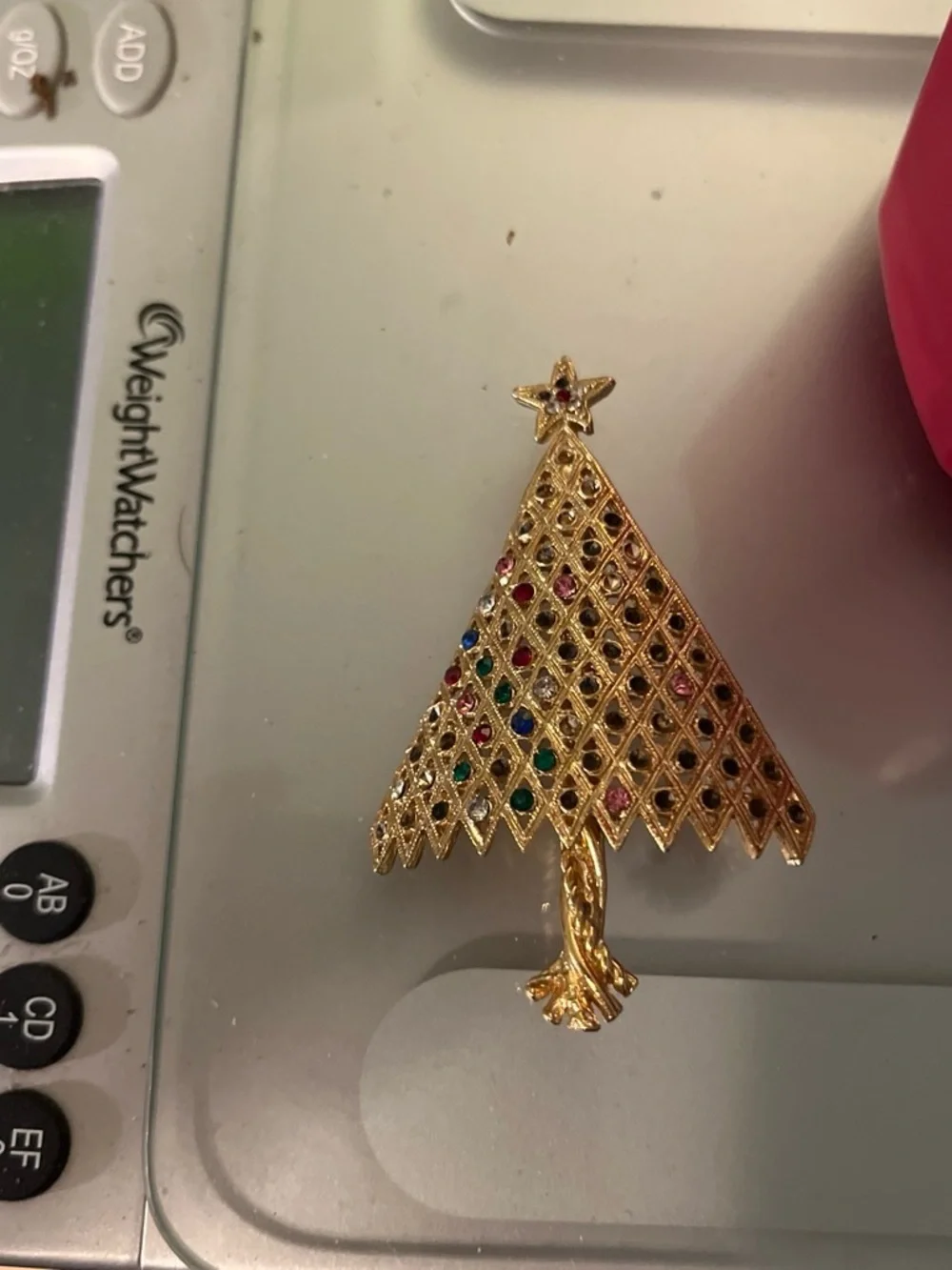 Gold Tone Jeweled Christmas Tree Brooch with Multicolor Rhinestones 1768